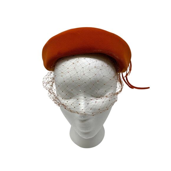 Vintage Orange Velvet Cocktail Hat Feather Trim Veil 1950s 1960s Fascinator - Picture 2 of 8